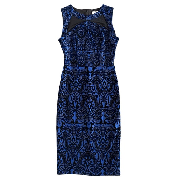 Y2K velvet burnout blue black Sleeveless midi Dress elegant sheath goth 960 - Picture 10 of 16